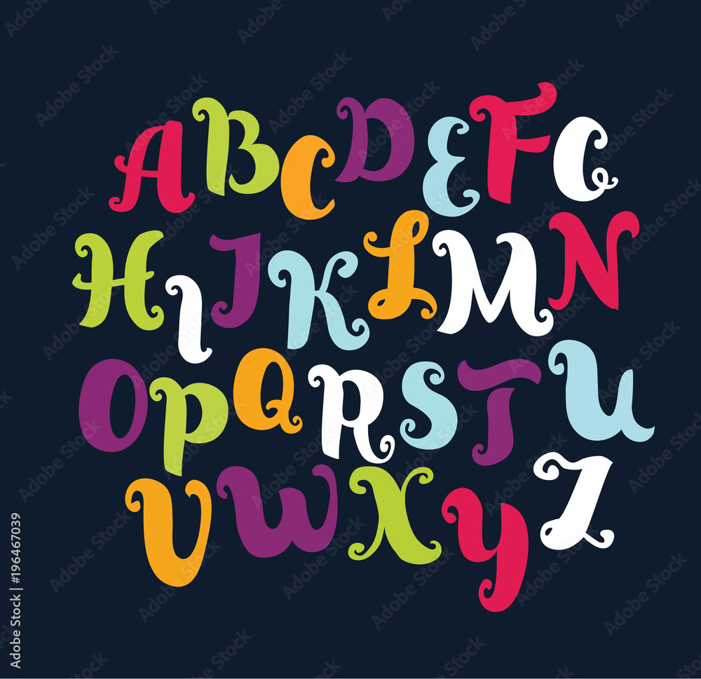 Vector funny cartoon ABC with curls. Hand drawn alphabet. Vector alphabet in pastel colors. Vector funny cartoon ABC with curls. Hand drawn alphabet. Vector alphabet in pastel colors.