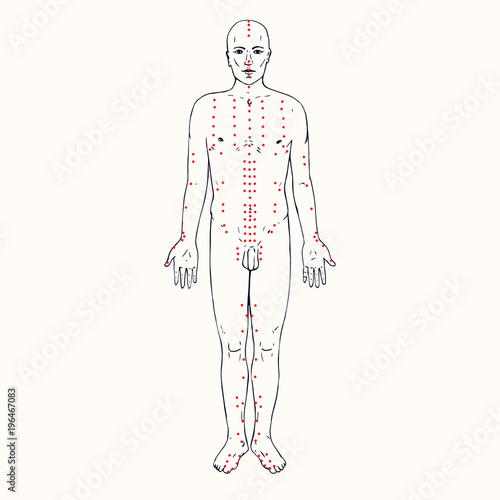 Body (front) acupuncture scheme with red points, hand drawn doodle, sketch in pop art style, black and white medical vector illustration
