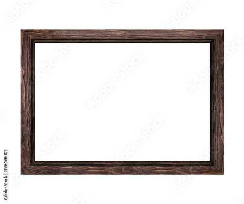 narrow dark brown wooden frame for pictures and photos isolated on white background