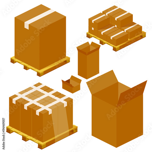 Cardboard boxes on the pallets. Storage, delivery and logistics services. Transportation, container and pallet, conveyance and product. Vector flat cartoon illustration isolated on white background