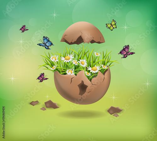 Happy Easter Cracked egg and chamomile flowers illustrations