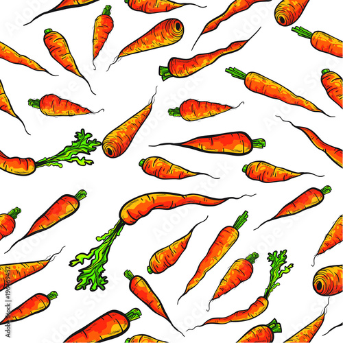 Pattern with many carrots, hand drawn style, vector cartoon illustration isolated on white background
