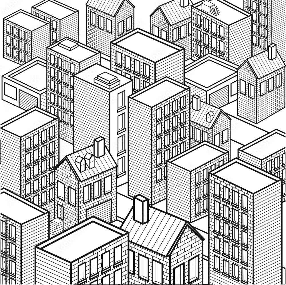 Black and white version of city in isometric view, vector line art cartoon style illustration isolated on white background