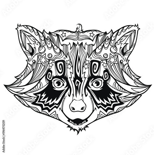 Face of cute and funny original face of raccoon in line art style, vector black and white version illustration isolated on white background