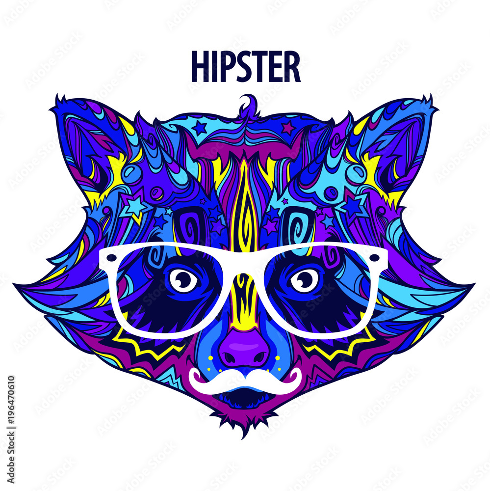 Hipster face of raccoon with white mustache and eyeglasses, vector line