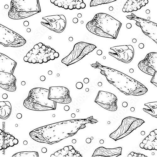 Repeat red fish and red caviar, slices, vector flat illustration isolated on white background, black and white line art version