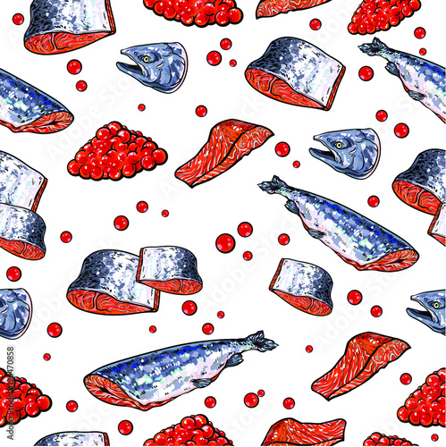 Repeat red fish and red caviar, slices, vector flat illustration isolated on white background, colorful version