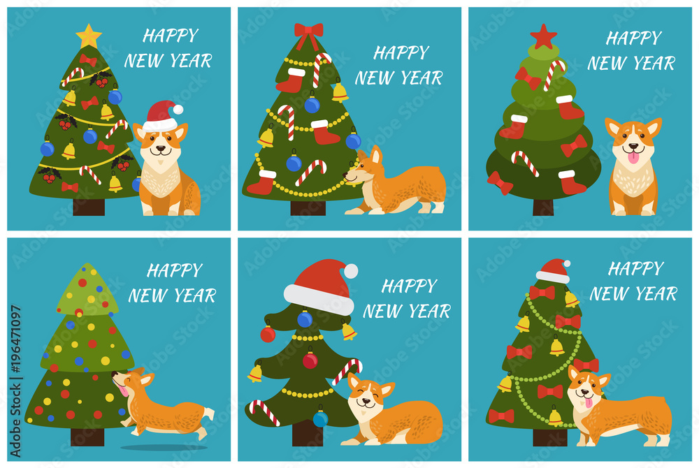 Naklejka premium Happy New Year Tree and Dog Vector Illustration