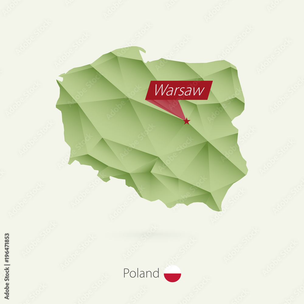 Obraz premium Green gradient low poly map of Poland with capital Warsaw