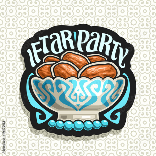 Vector logo for Ramadan Iftar Party, black sign with pile of islamic fasting food - dried dates in old silver bowl and blue prayer beads or muslim rosary, original brush typeface for words iftar party