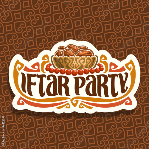 Vector logo for Ramadan Iftar Party, cut paper sign with pile of islamic fasting food - dried dates in bronze bowl and red prayer beads or muslim rosary, original brush typeface for words iftar party.