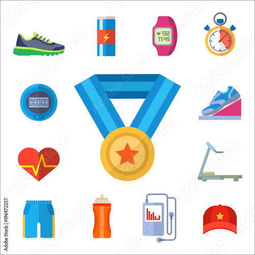 Fashion dressing run sport accessory icons vector sneaker activity footwear exercise workout.