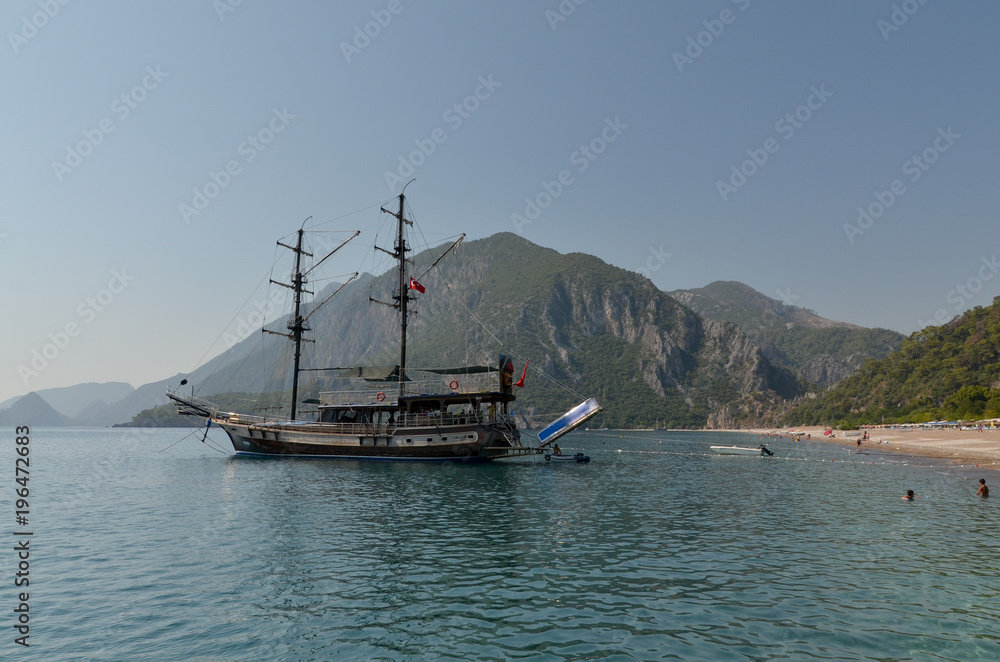traditional Turkish ship (Gulet) in Cirali bay on Mediterranean coast Antalya province, Turkey traditional Turkish ship (Gulet) in Cirali bay on Mediterranean coast Antalya province, Turkey