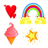 Cute and magic set of rainbow, stars, hearts and ice cream, vector cartoon flat illustration isolated on white background