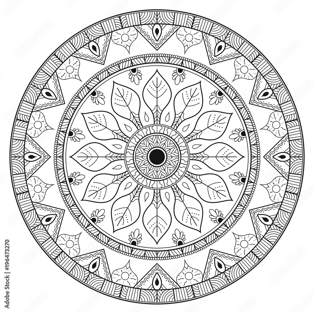 Round black and white floral mandala for coloring book 