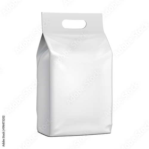 Blank Stand Up Pouch Snack Sachet Bag With Handle. Mock Up, Template. Illustration Isolated On White Background. Ready For Your Design. Product Packaging. Vector EPS10