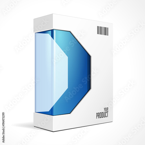 Modern Software Product Package Box With Blue Window For DVD Or CD Disk. Mockup 3D Illustration On White Background Isolated. Ready For Your Design. Packing. Vector EPS10
