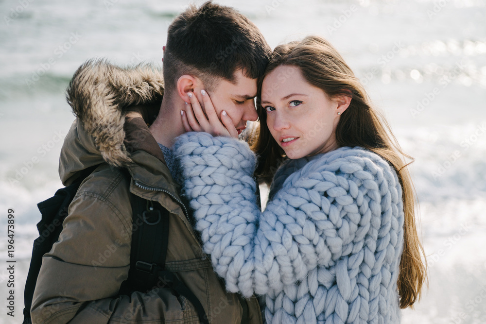 stylish tender couple hugging at the sea stylish tender couple hugging at the sea