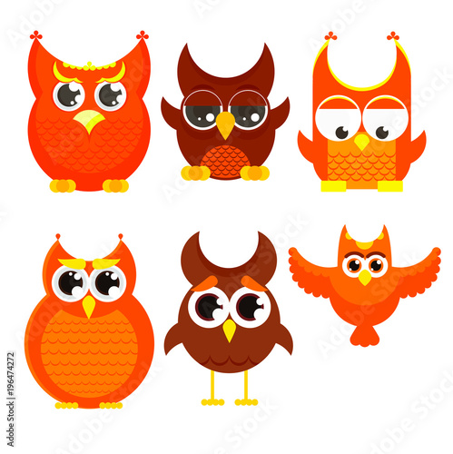 Flat cartoon owl set, owls with big eyes and small wings, vector illustration isolated on white background