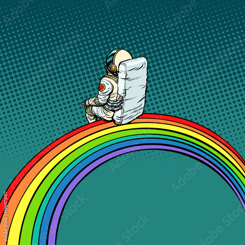 astronaut sits on a rainbow