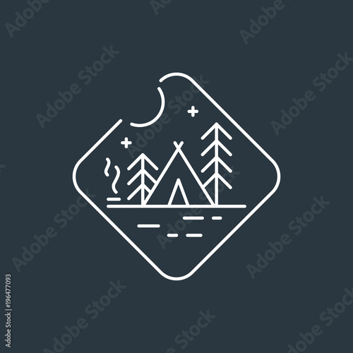 Camping badge logo. Night camping badge. Native american teepee tent, pine trees and camp fire with smoke. Dark background with white linear badge.