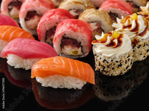 Sushi Set nigiri and sushi rolls closeup