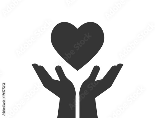 Charity, giving and donation icon with hands holding red heart