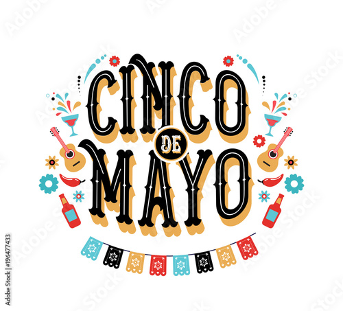 Cinco de Mayo - May 5, federal holiday in Mexico. Fiesta banner and poster design with flags