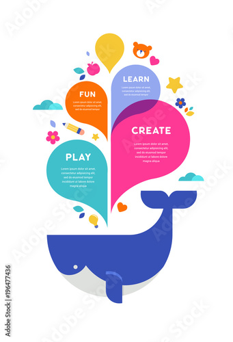 Children summer camp, poster with colorful splashes and whale