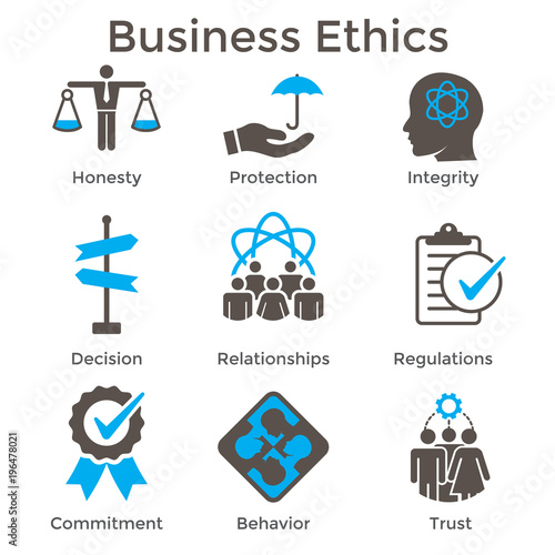 Business Ethics Solid Icon Set with Honesty, Integrity, Commitment, and Decision