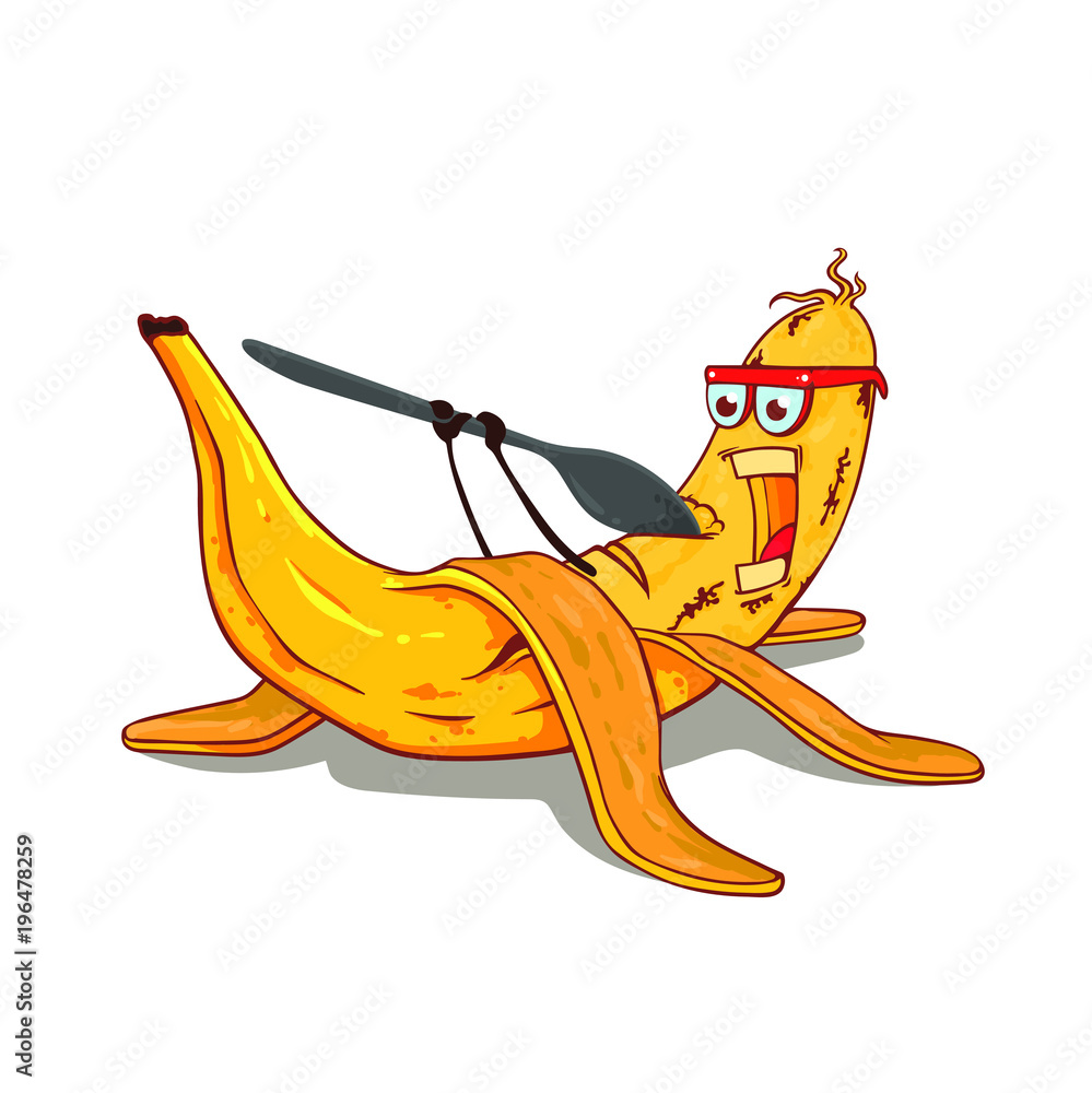 Vector cartoon cute character of banana eat him self, vector illustration isolated on white