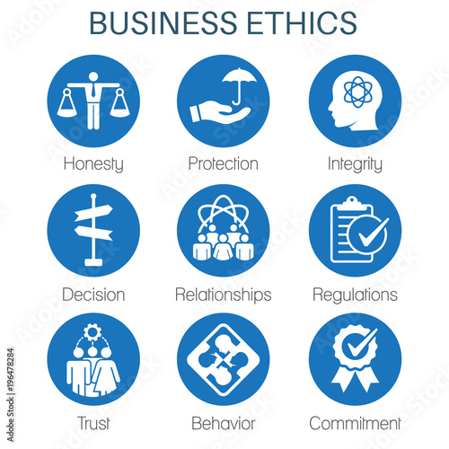 Business Ethics Solid Icon Set with Honesty, Integrity, Commitment, and Decision
