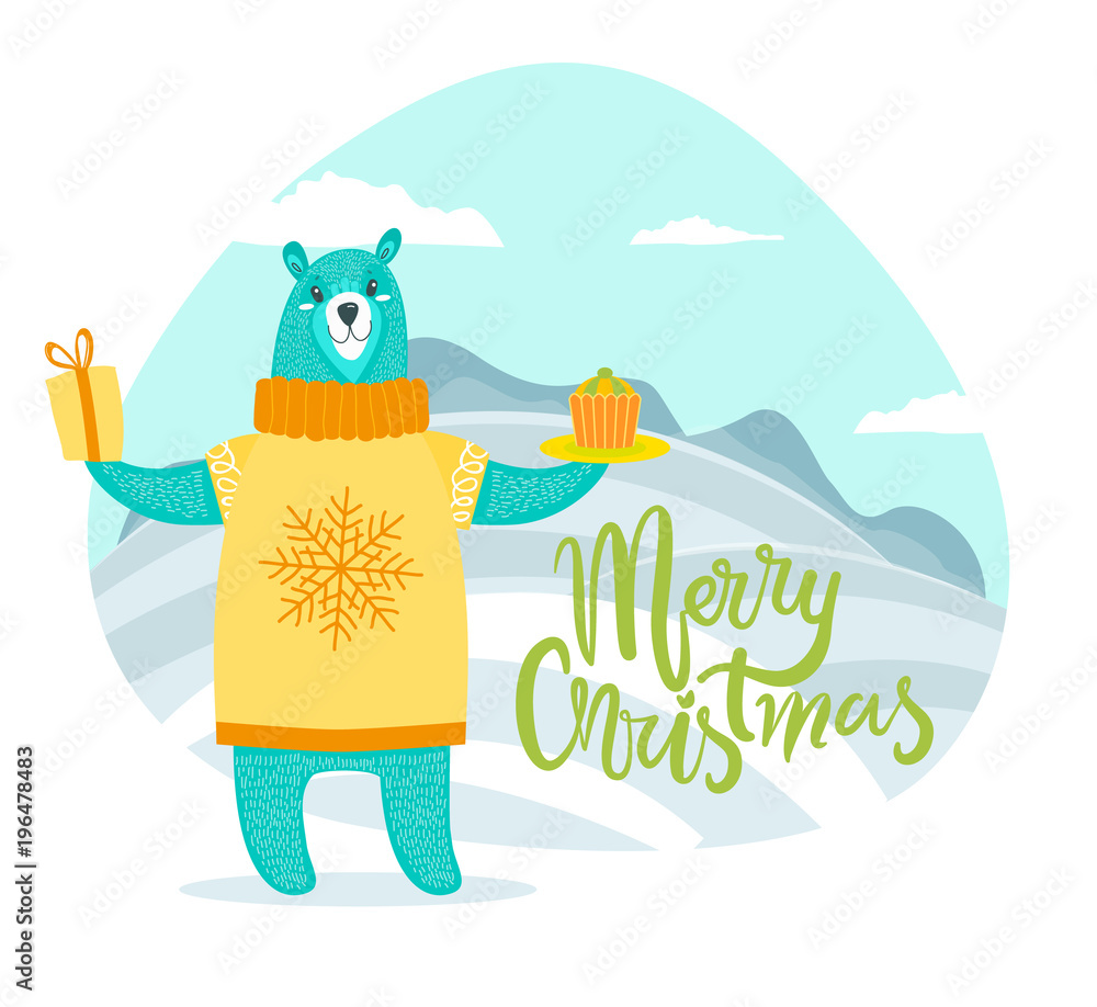 Merry Christmas Greeting Card with Bear in Sweater Merry Christmas Greeting Card with Bear in Sweater