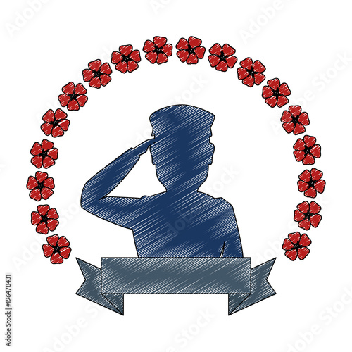 silhouette of soldier saluting with wreath flowers