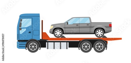 Wrecker truck with evacuated car. Towing truck evacuation service. Heavy evacuator. Vector illustration.