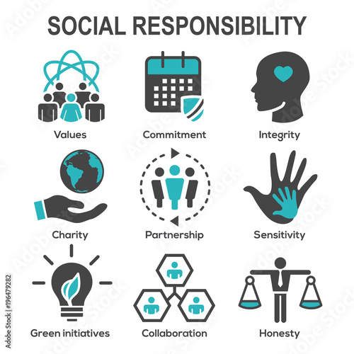 Social Responsibility Solid Icon Set w Honesty, integrity, & collaboration, etc