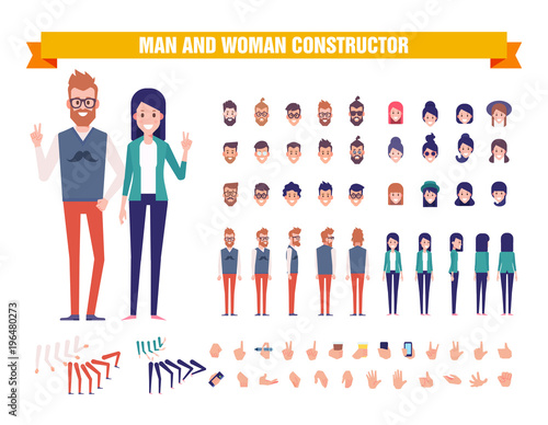 Young Man and woman character constructor with various views, hairstyles, poses and gestures. Front, side, back view. Cartoon style, flat vector illustration. 