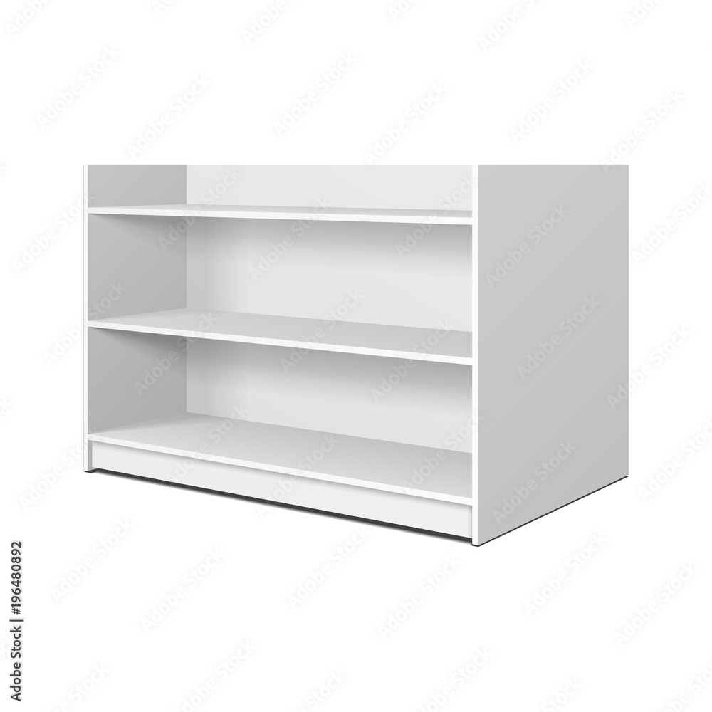 Blank Empty Showcase Displays With Retail Shelves, Trading Rack. Mock Up, Template. Illustration Isolated On White Background. Ready For Your Design. Product Advertising. Vector EPS10. Blank Empty Showcase Displays With Retail Shelves, Trading Rack. Mock Up, Template. Illustration Isolated On White Background. Ready For Your Design. Product Advertising. Vector EPS10.