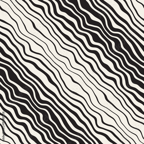 Vector seamless black and white hand drawn diagonal wavy lines pattern. Abstract freehand background design