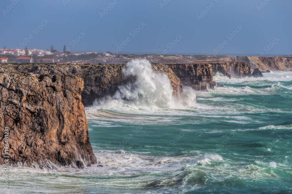Storm wind and wave of the waves in Sagres Algarve. Portugal