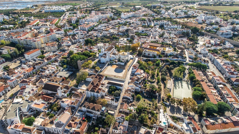 Aerial. The best tourist places of the town of Tavira. View from sky.