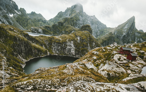 Lake and Mountains Landscape in Norway Travel scenery Munkebu hut photo