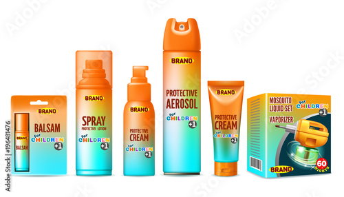 Set of protective facilities from insects for children. Containers and tubes for cream, lotion, gel, balsam, spray, aerosol. 3D realistic isolated vector illustration.