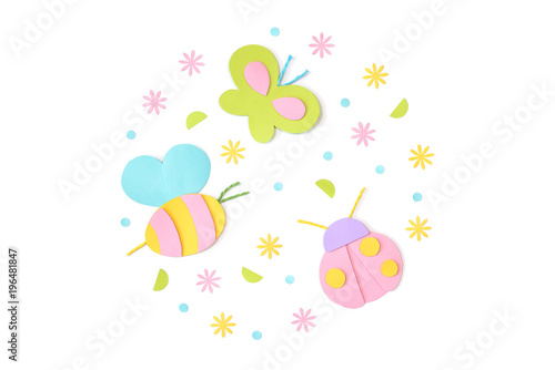 Bee, ladybug and butterfly paper cut on white background - isolated
