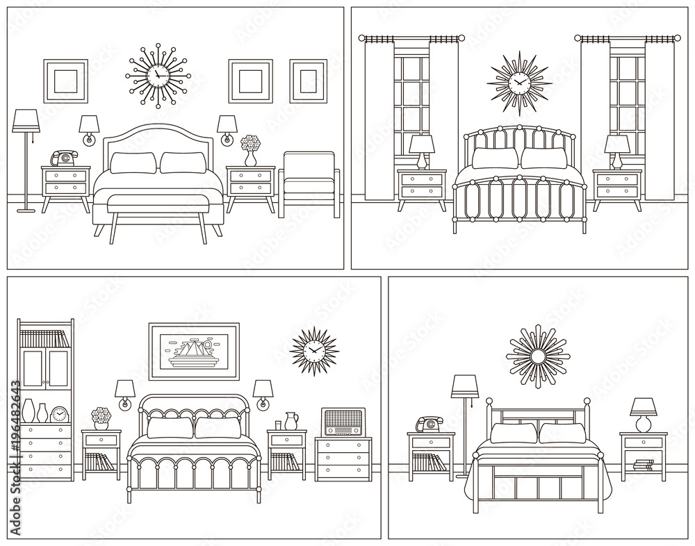 Room interior. Hotel bedroom with bed. Vector. Linear illustration. Retro house furniture in line art flat design. Home space sketch. Set vintage background. Outline contour apartment. Coloring page.