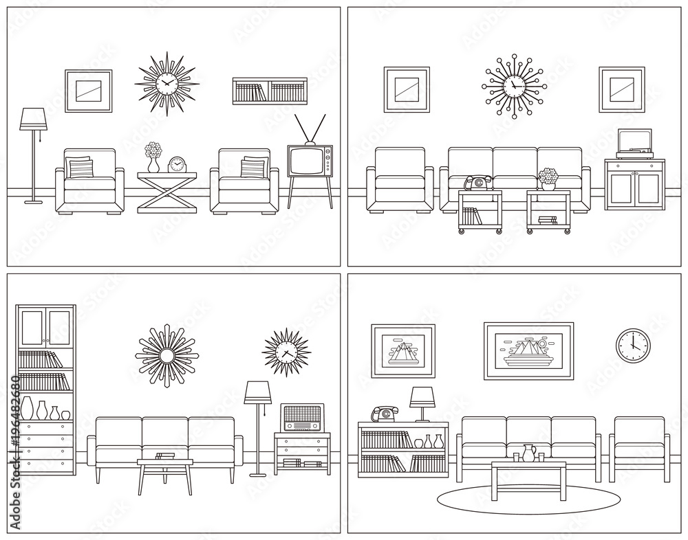 Retro room interior. Vector. Linear living room set. Flat design ...
