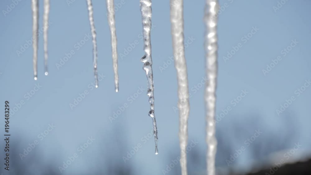 Many beautiful icicles melt on the roof at the end of winter and water drops are fall down. Spring is comming concept. Many beautiful icicles melt on the roof at the end of winter and water drops are fall down. Spring is comming concept.