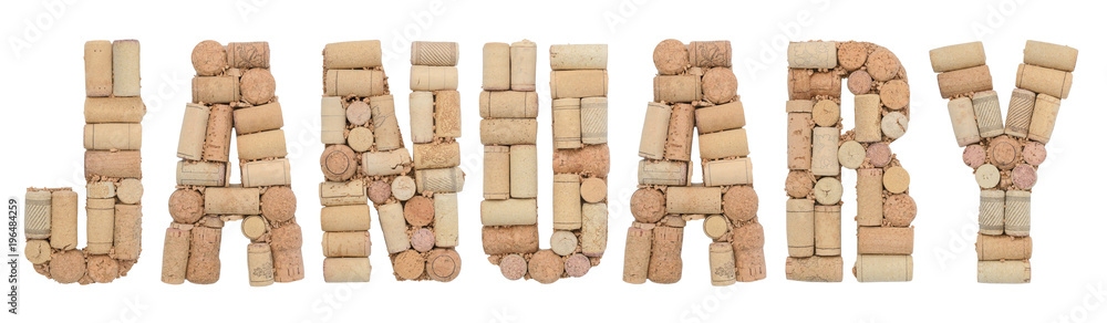 Word January made of wine corks Isolated on white background