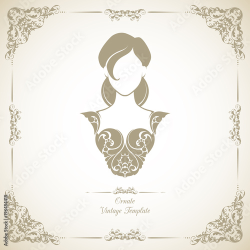 Vintage template with ornamental decorative frame and icon girl in elegant dress.