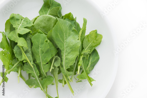 Rocket salad in white plate on isolated white background